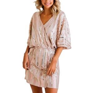 Karlie Sequin Gold Glitter Stripe Faux Wrap V-neck Mini Party Dress